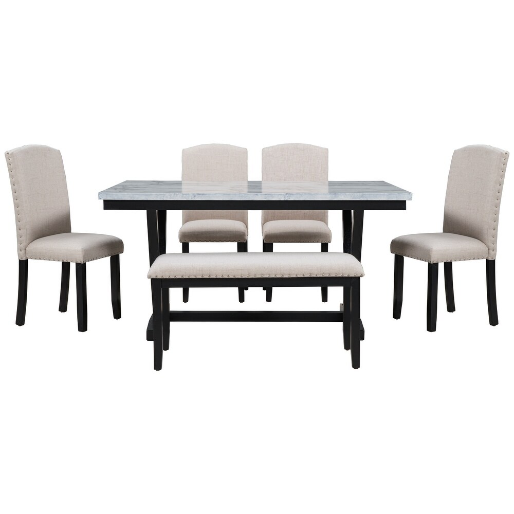 6 Piece White Dining Table Set with 4 Dining Chairs   Bench