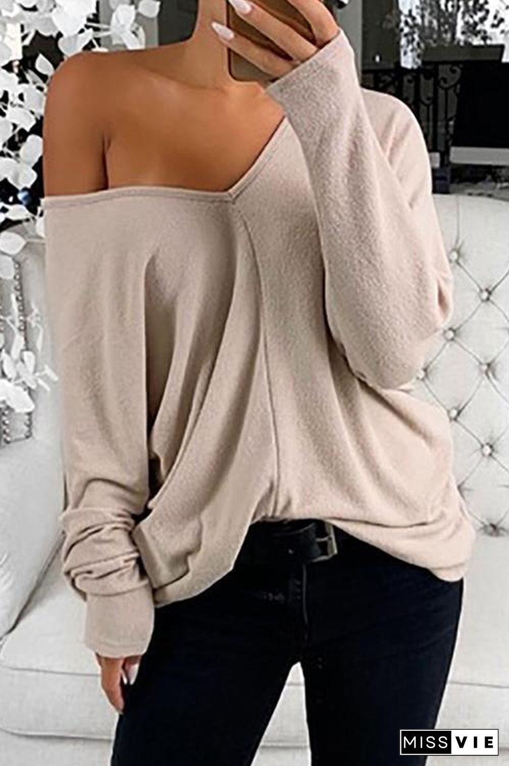 V Neck Long Sleeve Loose T Shirt