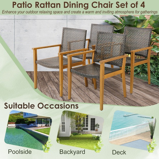 Tangkula Outdoor Rattan Chair Set Of 4 Patio Pe Wicker Dining Chairs W Sturdy Acacia Wood Frame