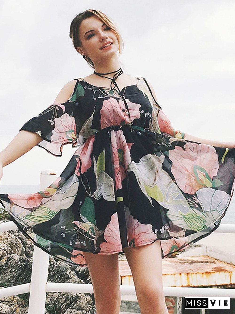 Lace Floral Printed Short Sleeve Mini Dress