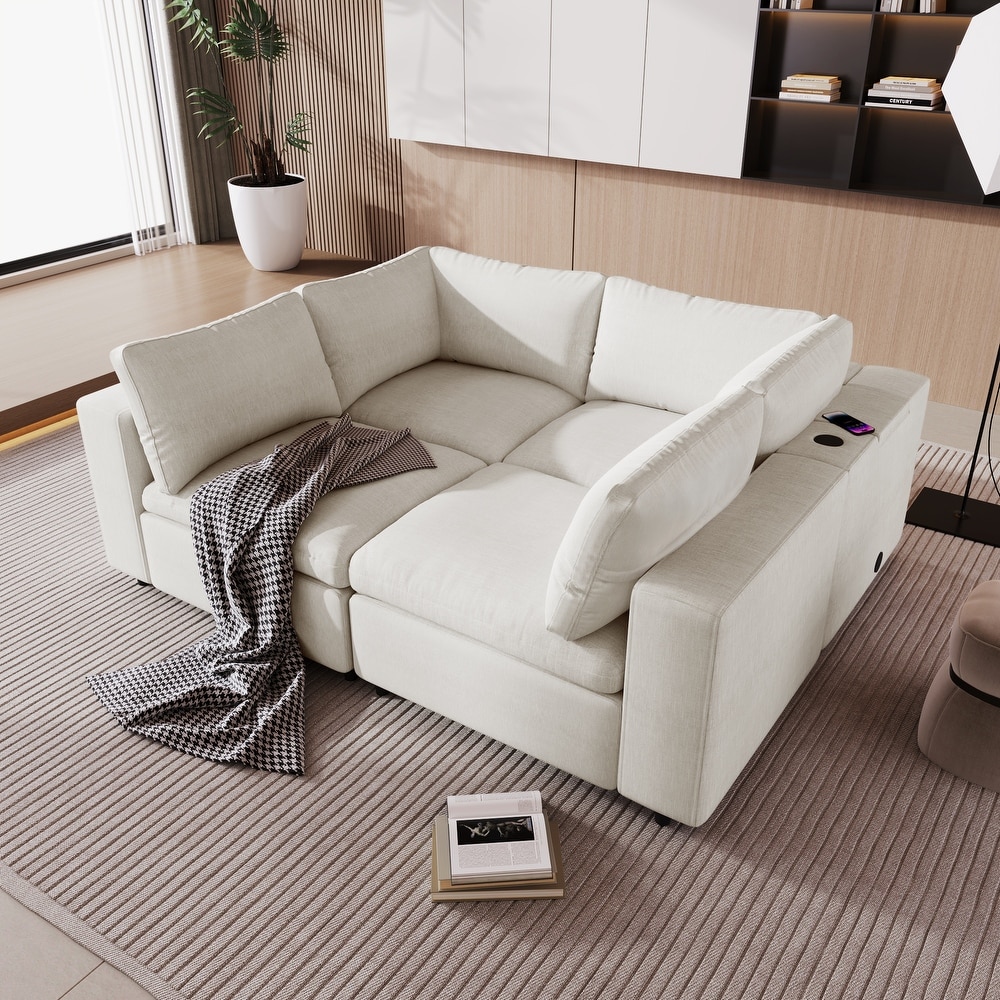 Built in Bluetooth Upholstered Sofa Movable Sectional Sofa Set with USB Charge Ports and Removable Cushions for Living Room