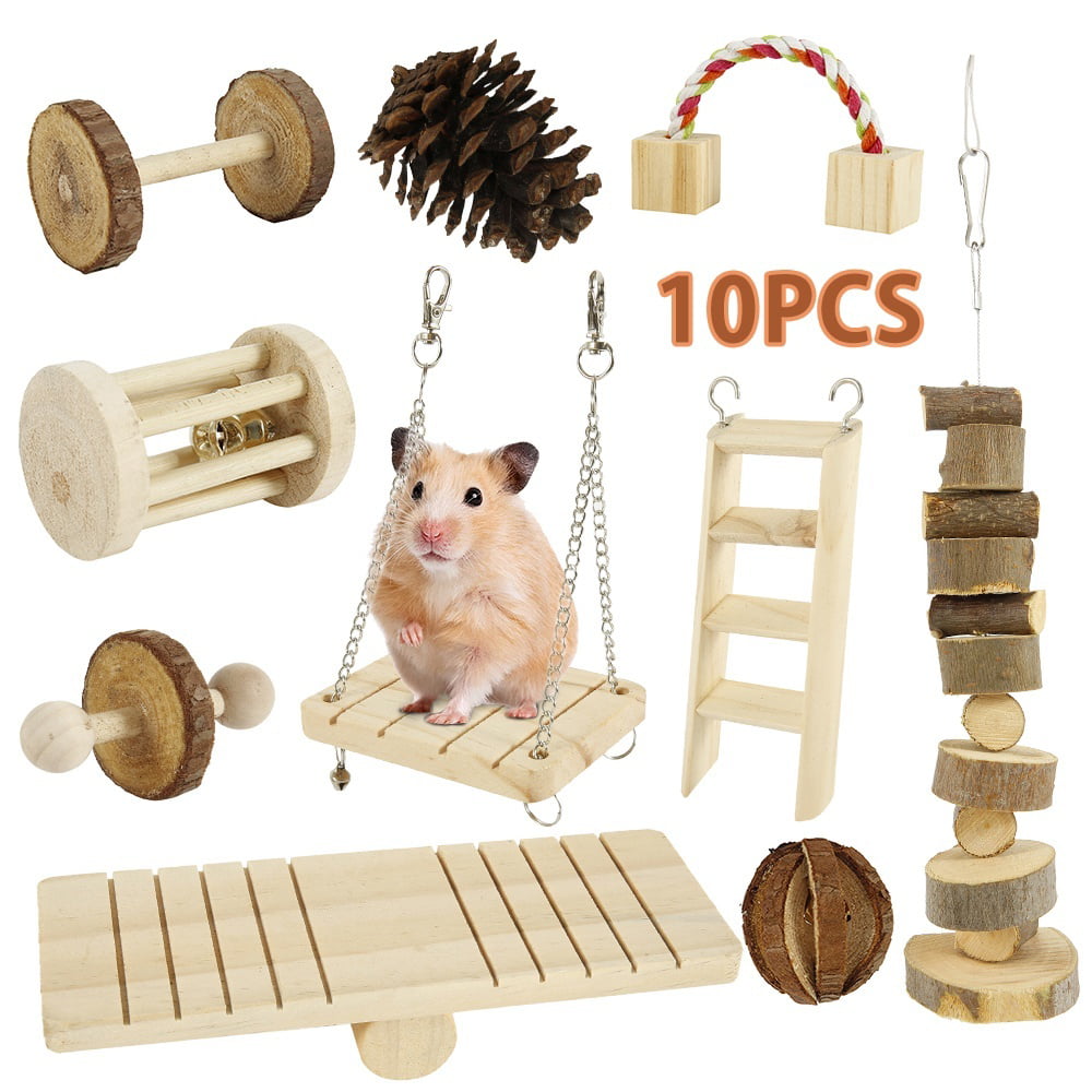 Willstar 10pcs Natural Wooden Hamster Toys Set Guinea Pig Toy Rabbit Rat Chinchillas Chew Toys Exercise Accessories for Small Animal Chewing and Teeth Care