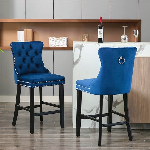 Set of 2 Velvet Upholstered Barstools with Button Tufted Chrome Nailhead Trim， Leisure Style Bar Chairs