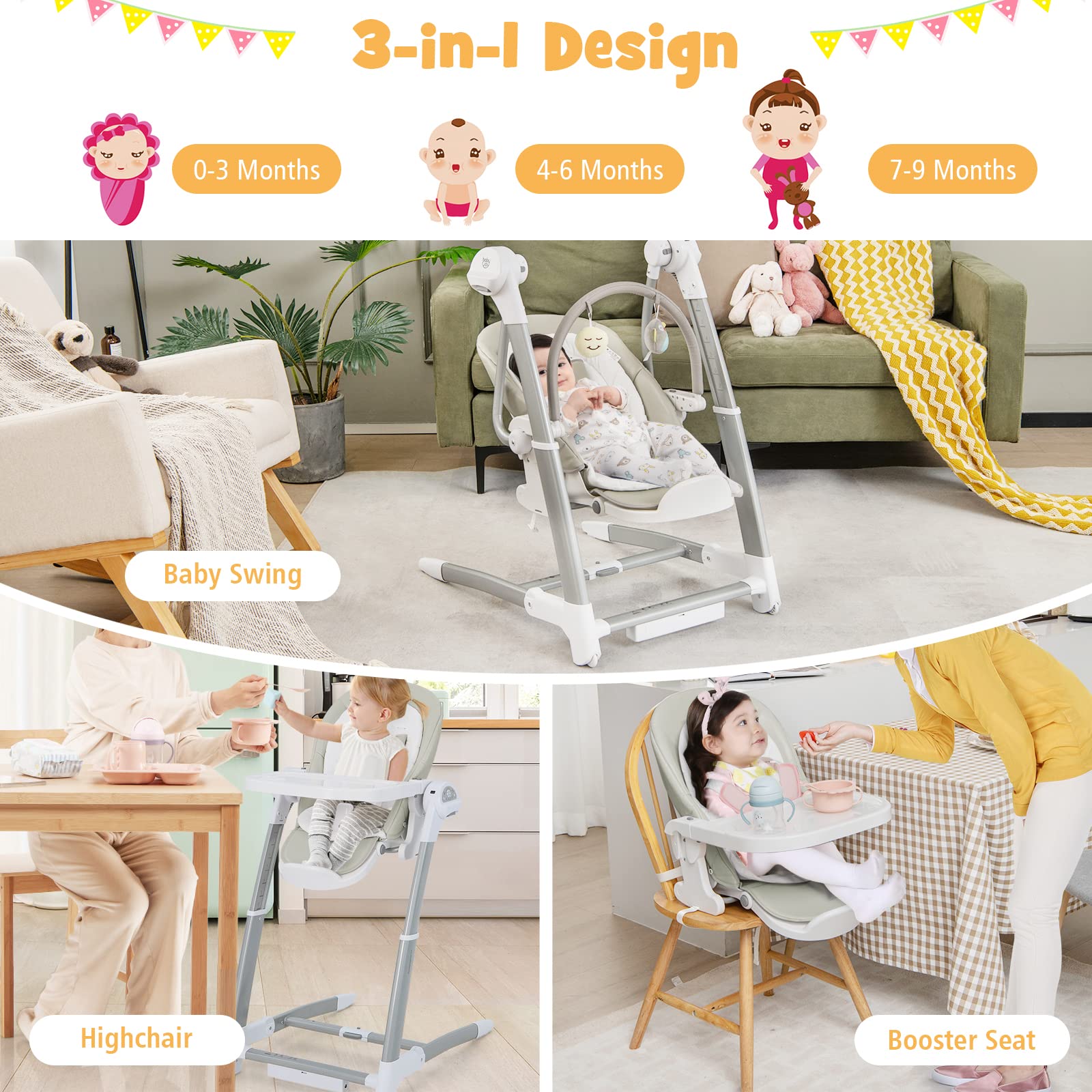 Costzon Baby Swings for Infants, 3 in 1 Foldable High Chair