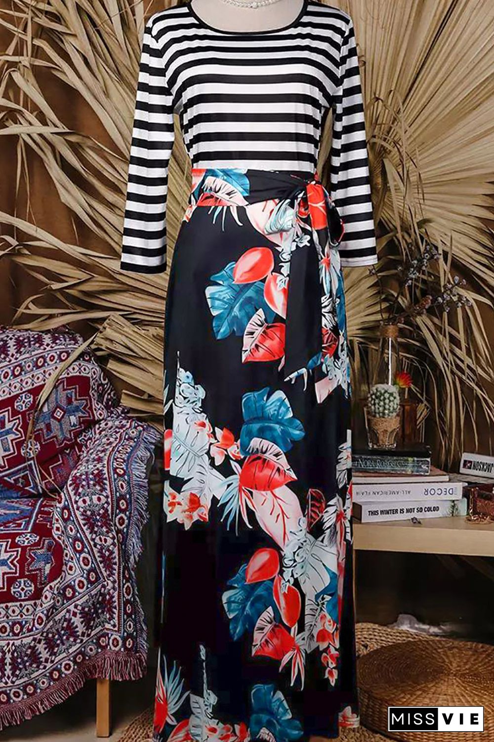 Striped Floral O-Neck Long Dress