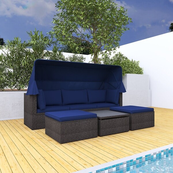 4Piece Outdoor Wicker Sectional Patio Daybed with Canopy and Ottoman