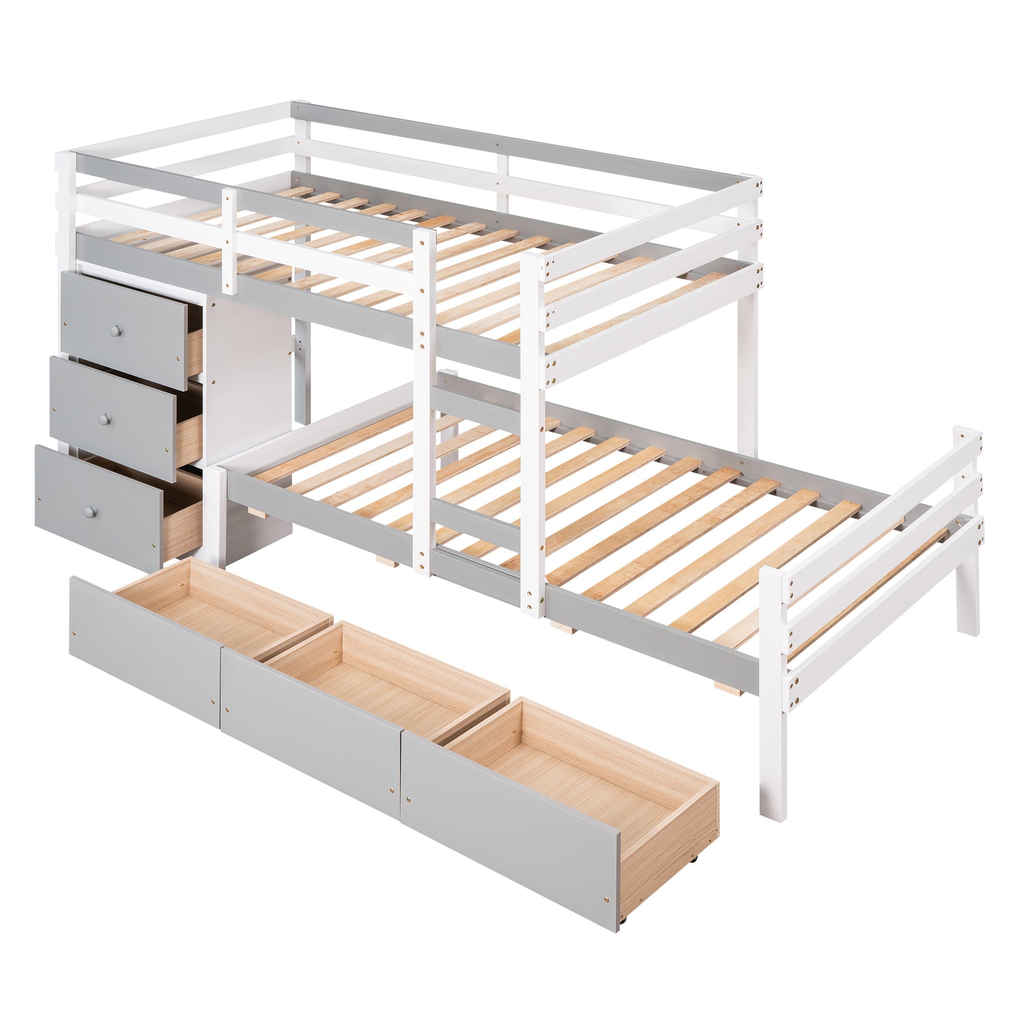 Twin over Twin Bunk Bed with Six Drawers for Kids Room, Gray