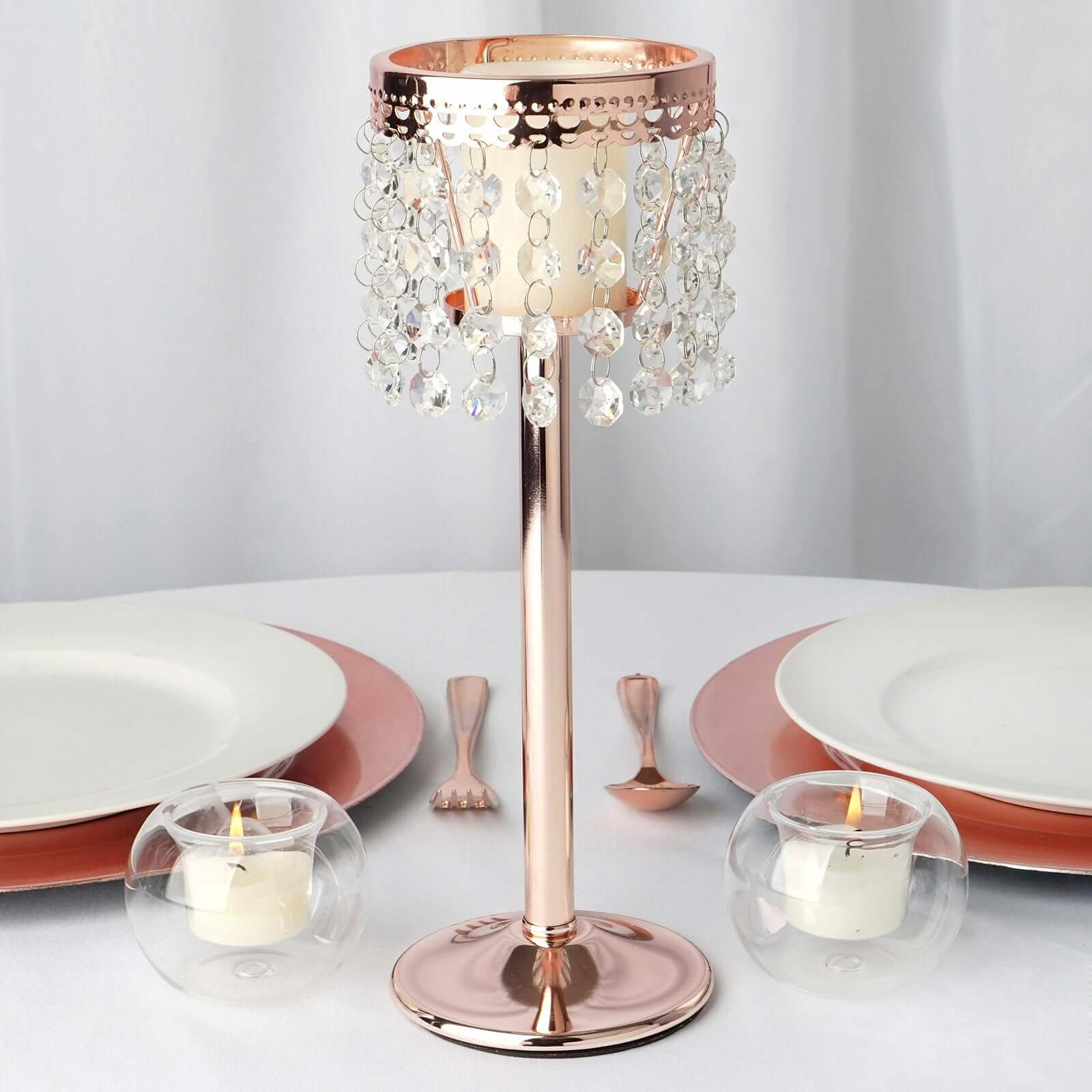 Rose Gold Crystal Beaded Chandelier Votive Pillar Candle Holder, Metal Tealight Candle Stand 12