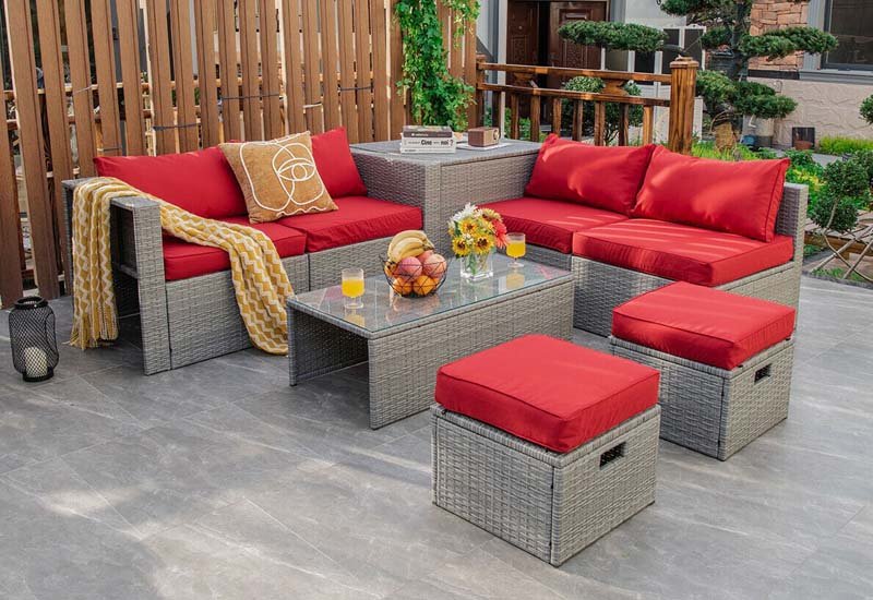 8 Pcs Rattan Patio Sectional Furniture Set Wicker Outdoor Cushioned Sofa Set with Storage Box & Waterproof Cover