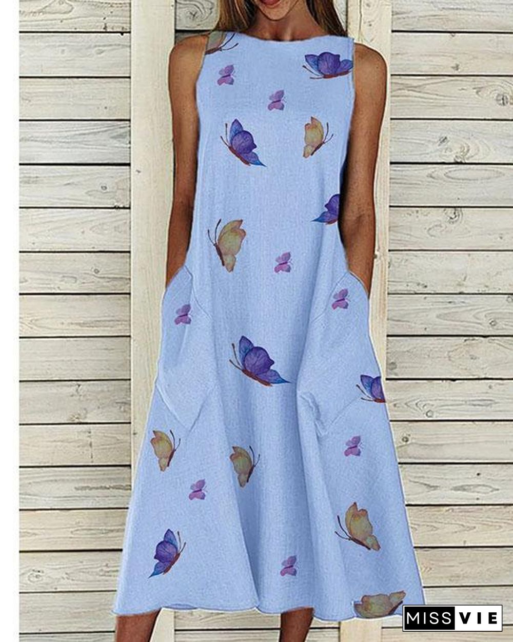 Butterfly Printed Big Pocket Casual Maxi Dress