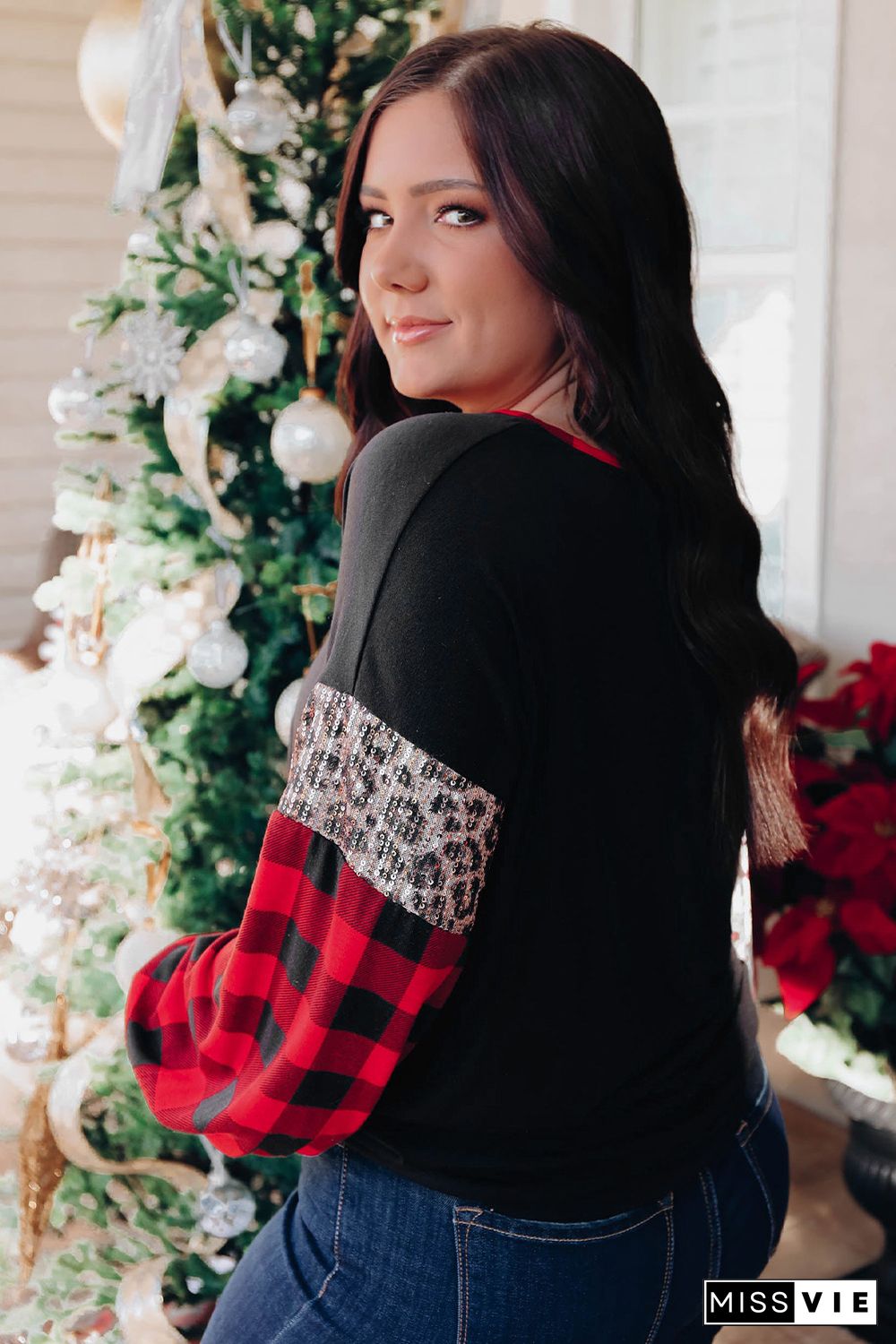 Black Sequined Leopard Insert Plaid Sleeve Plus Size Top