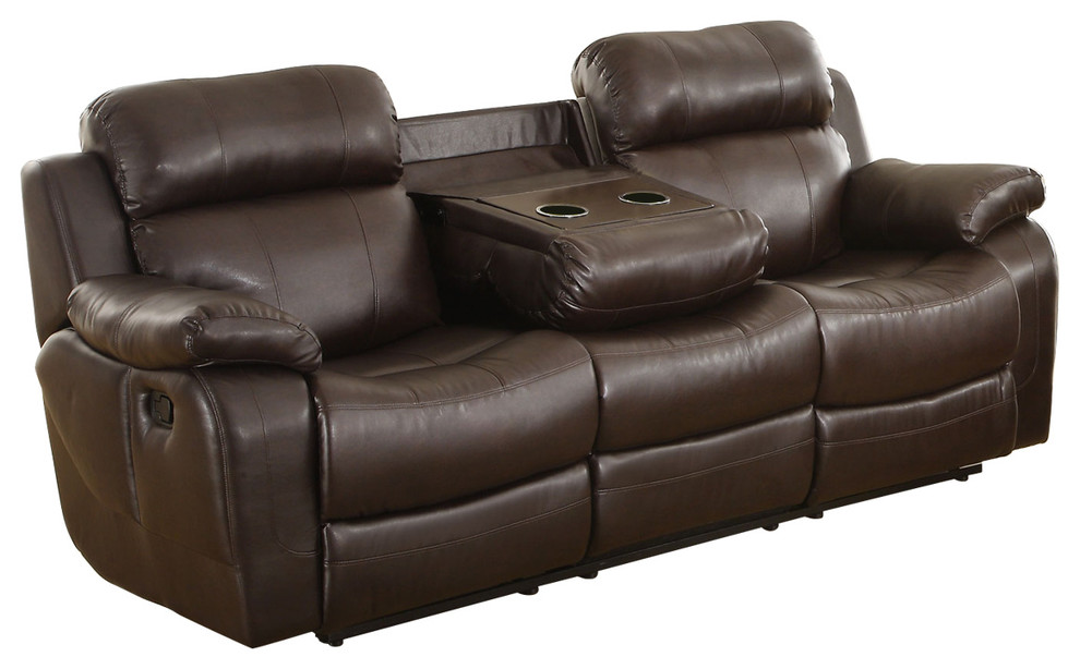 Leather Reclining Three Seater Sofa With Center Drop Down Cup Holder  Brown   Contemporary   Sofas   by Benzara  Woodland Imprts  The Urban Port  Houzz