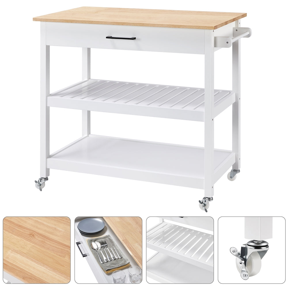 Topeakmart Kitchen Island Cart Wheels with Storage and Drawer Solid Wood Countertop White