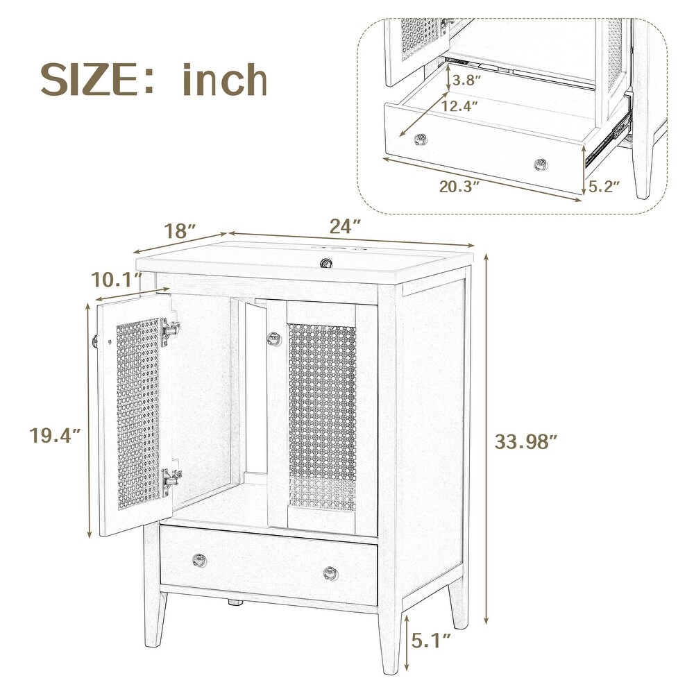 Bathroom Vanity with Ceramic Basin Rattan Bathroom Storage Cabinet