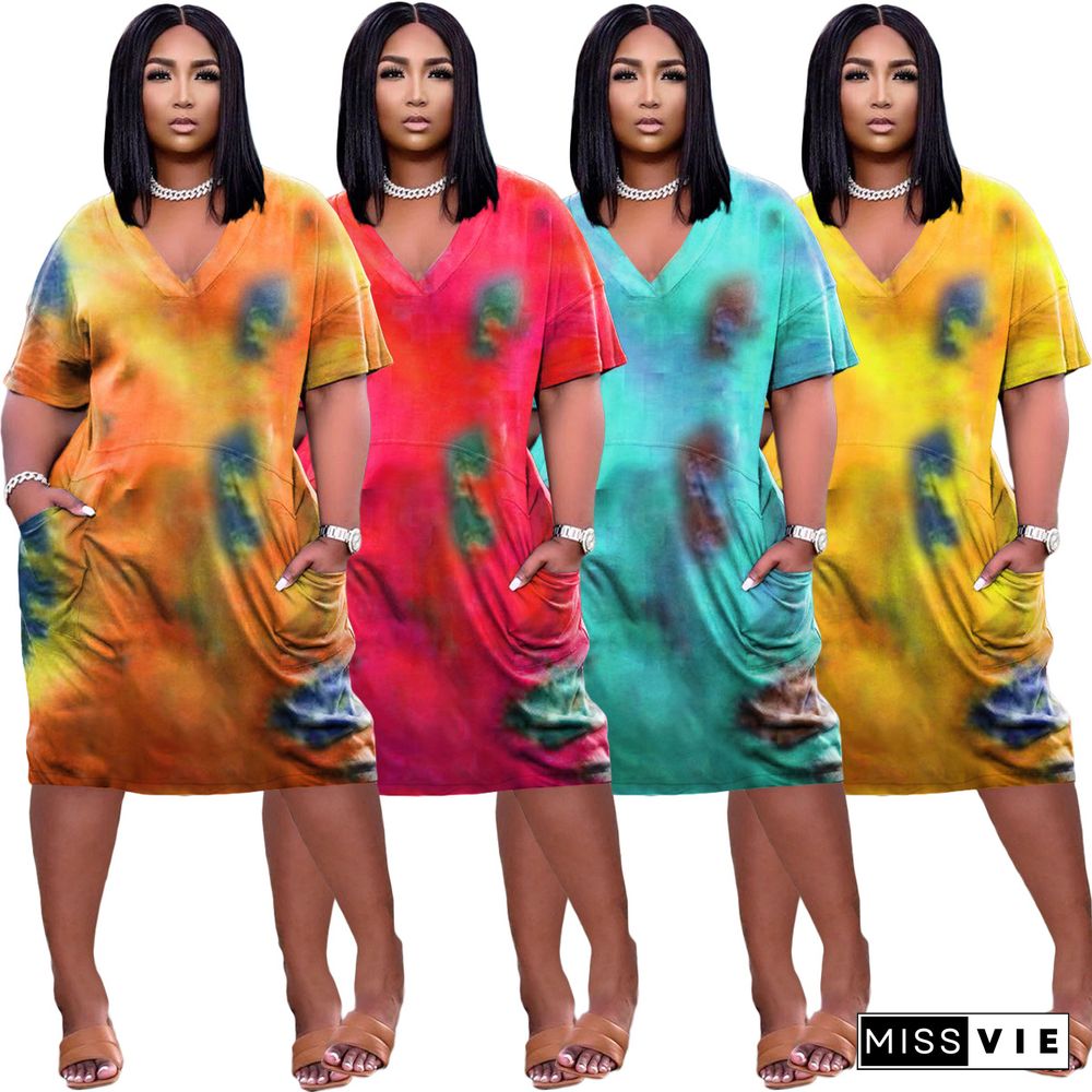 Women Tie Dye Print Short Sleeve V-neck Loose-fitting Midi Dress