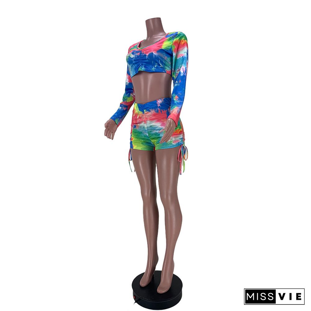 Tie Dye Print Crop Tops With Shorts Two Piece Set