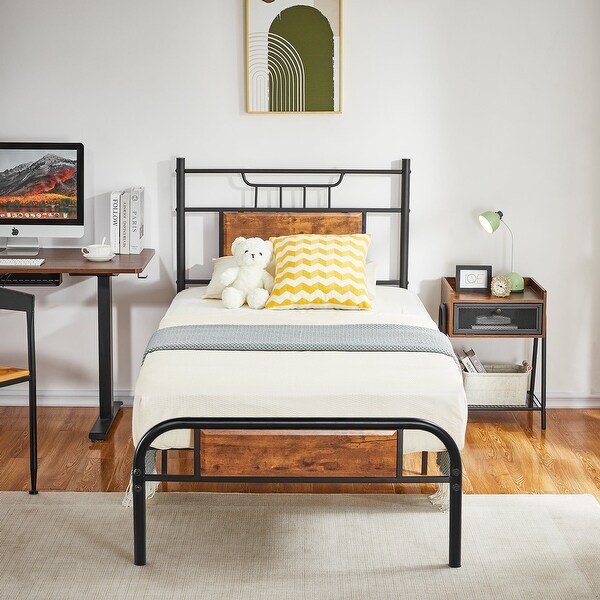 Industrial 3-Pieces Bedroom Set Platform Bed Frame and Nightstands Set of 2 - - 36913922