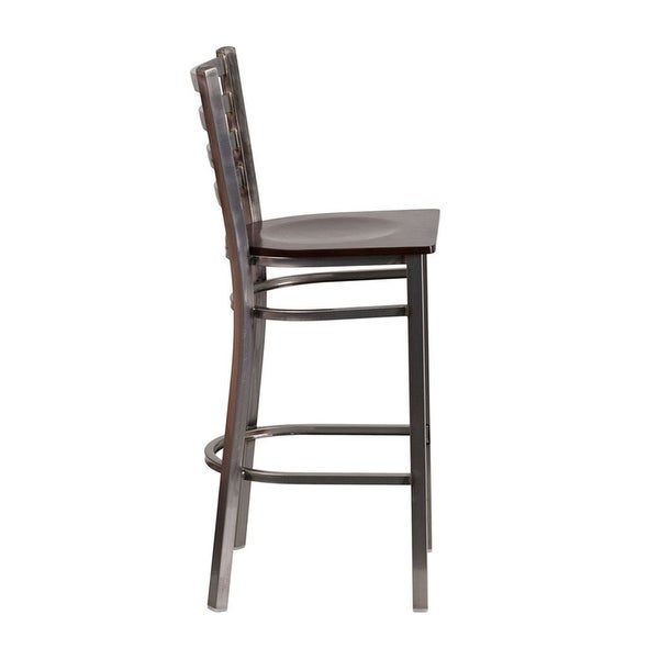 Offex Clear Coated Ladder Back Metal Restaurant Barstool - Walnut Wood Seat