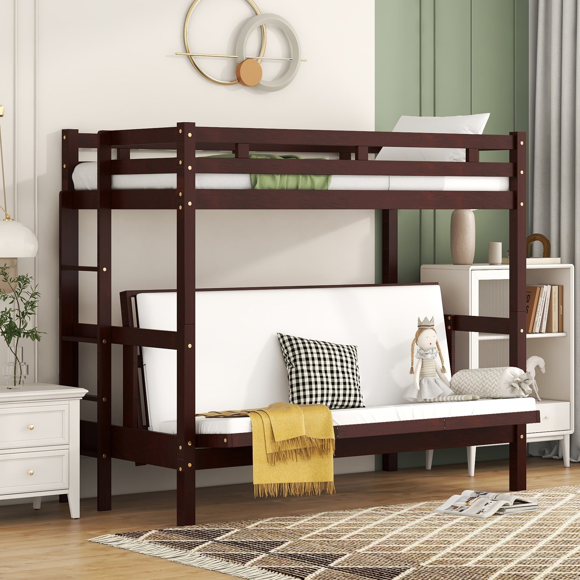 Bellemave Twin Over Full/Futon Bunk Beds, Wood Bunk Bed Frame can be Converted into Couch, 2 in 1 Detachable Bunk Bed for Kids Teens Adults (Espresso)