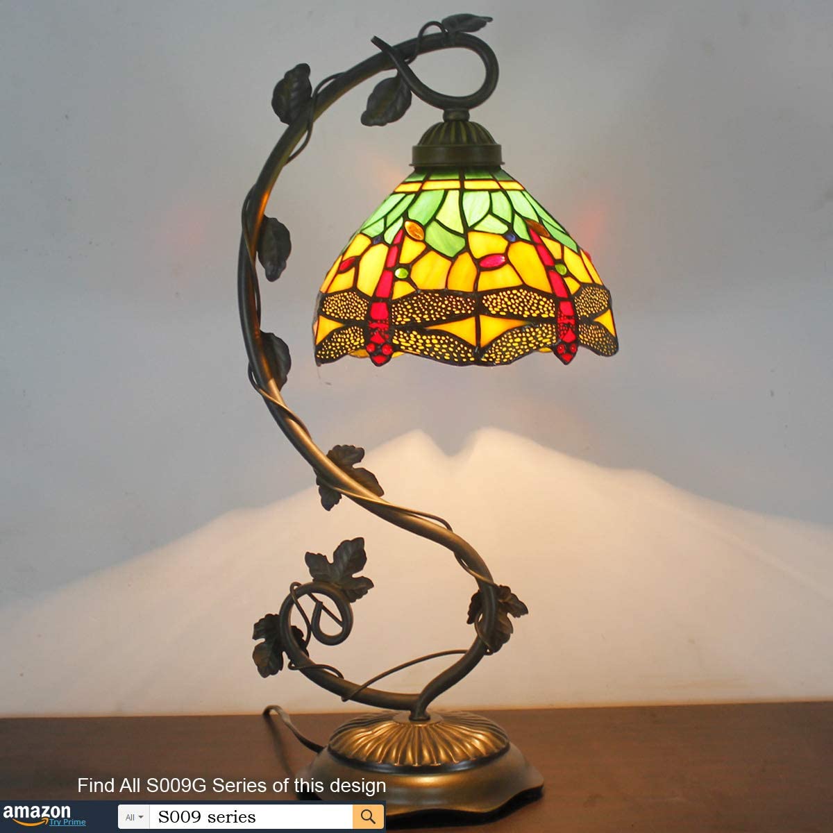 SHADY Tiffany Lamp Green Yellow Stained Glass Dragonfly Style Table Lamp Metal Leaf Base 8X10X21 Inches Desk Light Decor Small Space Bedroom Home Office S009G Series