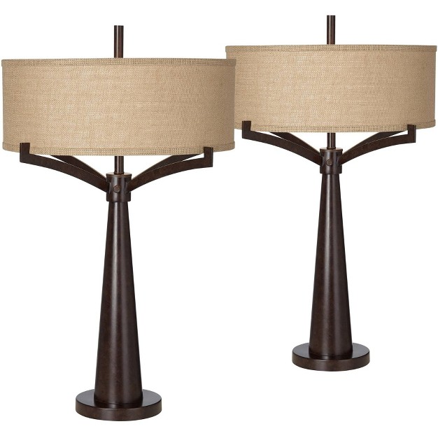 Tall Set Of 2 Rich Bronze Iron Burlap Fabric Drum Shade For Bedroom Living Room