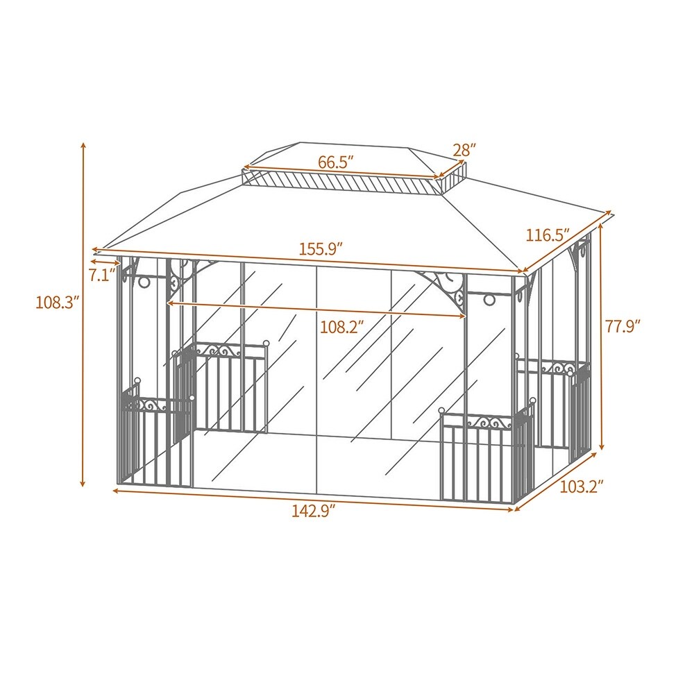 13 Ft x 9.7 Ft Iron Patio Outdoor Gazebo with Mosquito Netting