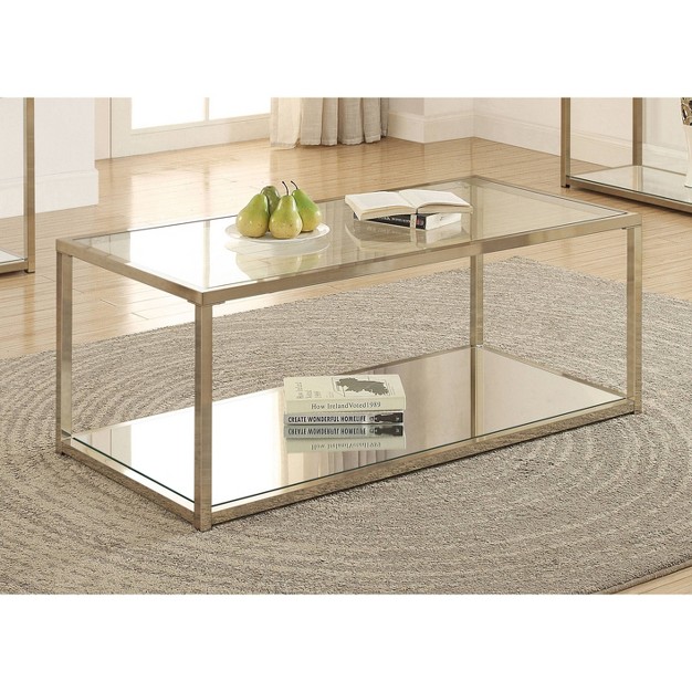 Cora Coffee Table With Glass Top And Mirror Shelf Brass Coaster