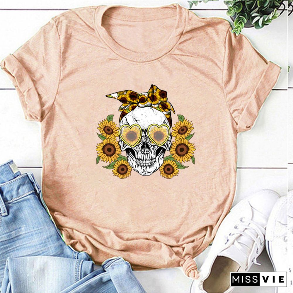 Skull Sunflowers Print T-shirts Women Summer Graphic Tees Gothic ShirtsFor Women Loose Aesthetic Clothes Ropa Mujer