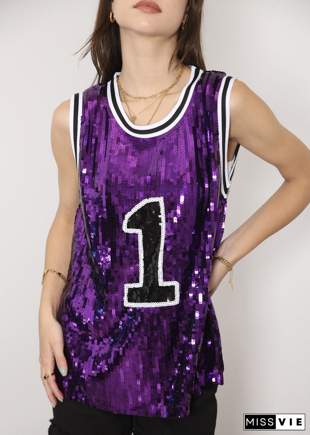 Sparkle Glitter Hip Hop Number 1 T-Shirt Top Blouse Tunic Sequins Basketball Tank Vests