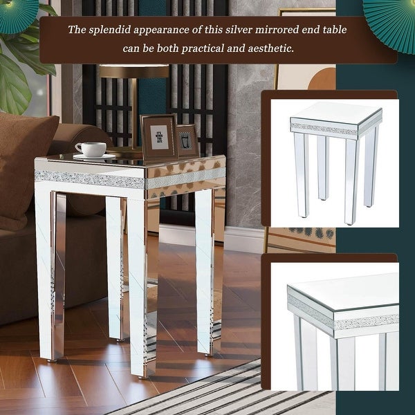 Modern Glass Mirrored Side Table with Crystal Design and Adjustable Height Legs