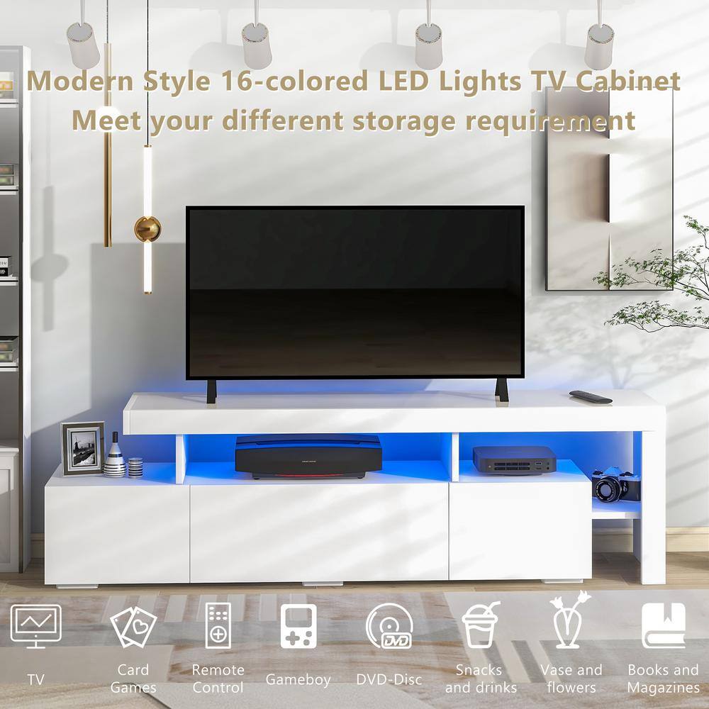 Clihome Modern Style White TV Stand Cabinet Fits TV's up to 70 in. with DVD Shelf and 16-colored LED Lights CL-OT209WH