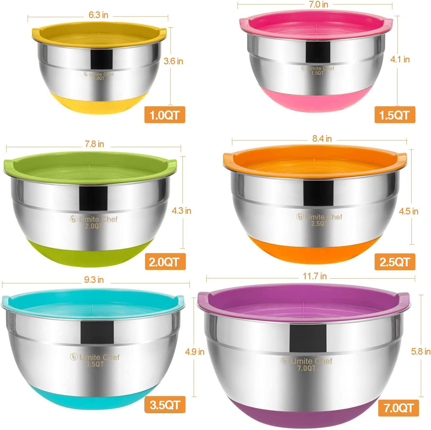 Chef Mixing Bowls with Airtight Lids 6 Piece Stainless Steel Metal Bowls, Measurement Marks & Colorful Non