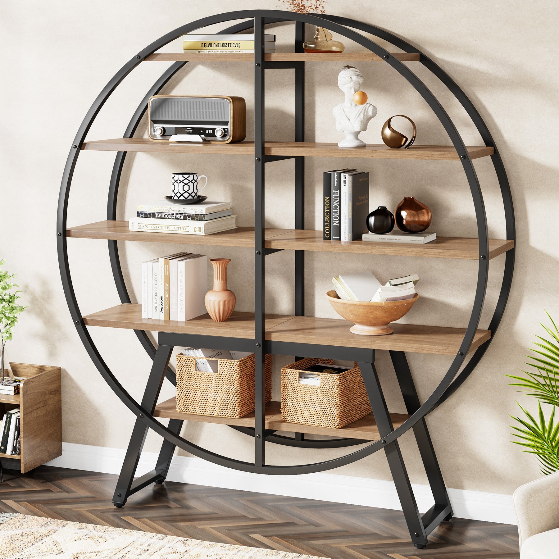 67 Industrial Bookshelf, 5-Tier Round Etagere Bookcase Display Shelf