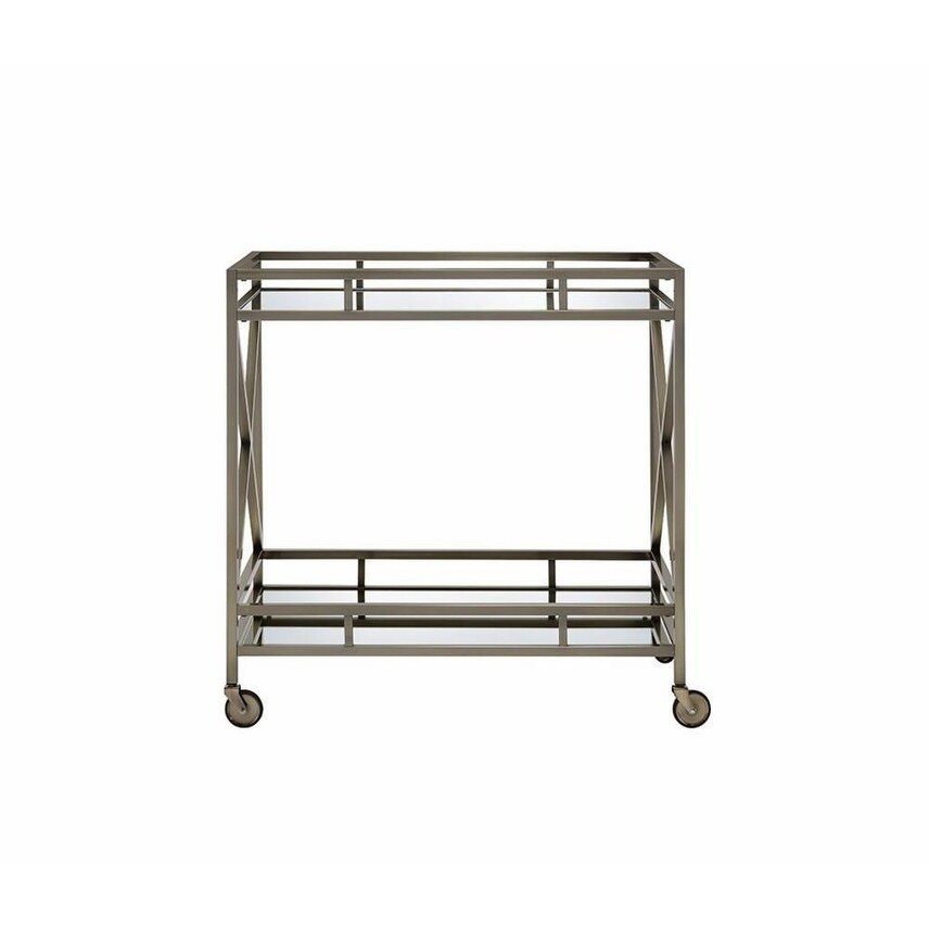 Metal Framed Two Tier Serving Cart with X Shaped Side Panels  Silver and Clear   35.04 H x 19.68 W x 34.25 L Inches