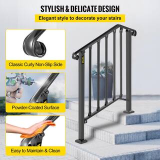 VEVOR 2 ft. Handrails for Outdoor Steps Fit 2 or 3 Steps Outdoor Stair Railing Wrought Iron Handrail with baluster Black LTFS2H3BHSTL00001V0