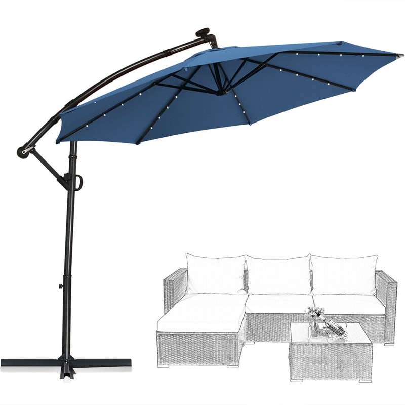 10 FT Patio Offset Umbrella with Solar Lights 360° Rotation Outdoor Market Umbrella with Crank Handle & Cross Base