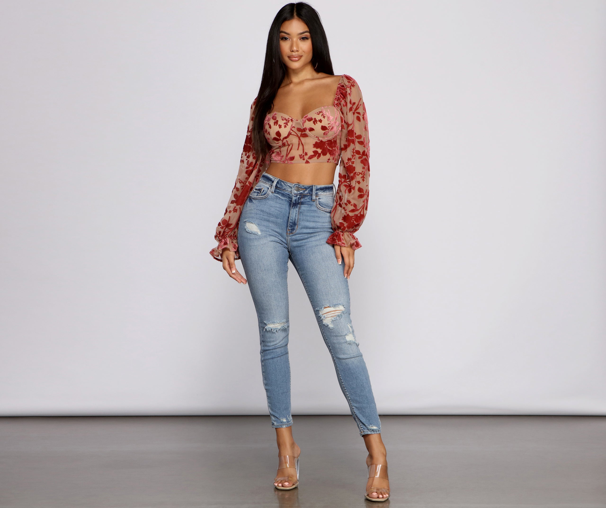 Romantic Vibes Floral Burn Out Crop Top