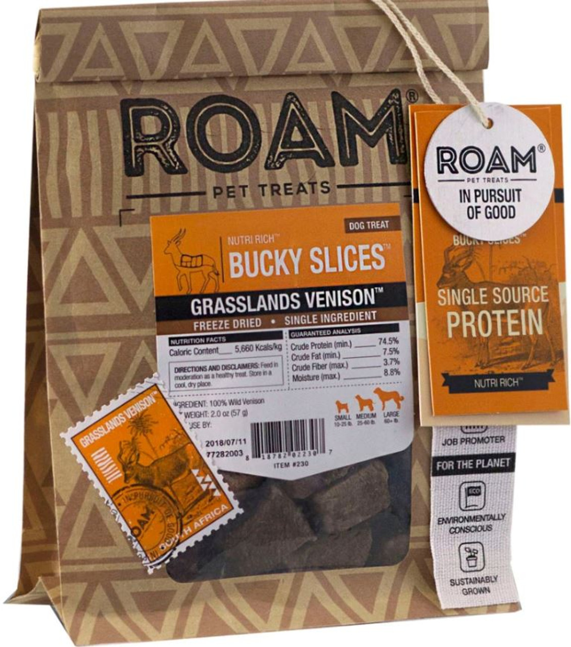 Roam Nutri Rich Grasslands Venison Bucky Slices Dog Treats， 2oz. Bag