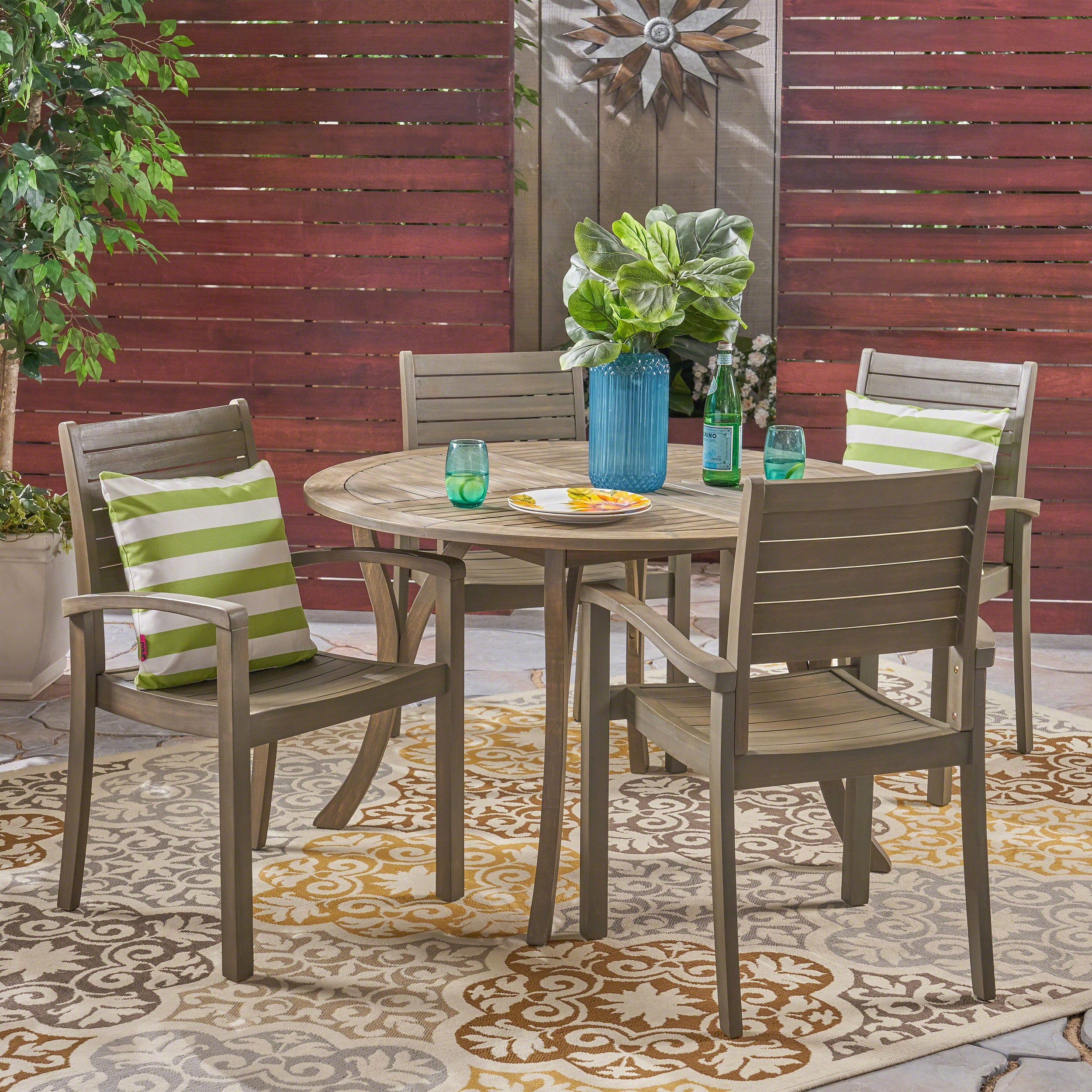 Payne Outdoor Rustic 5 Piece Round Acacia Wood Dining Set with Slats