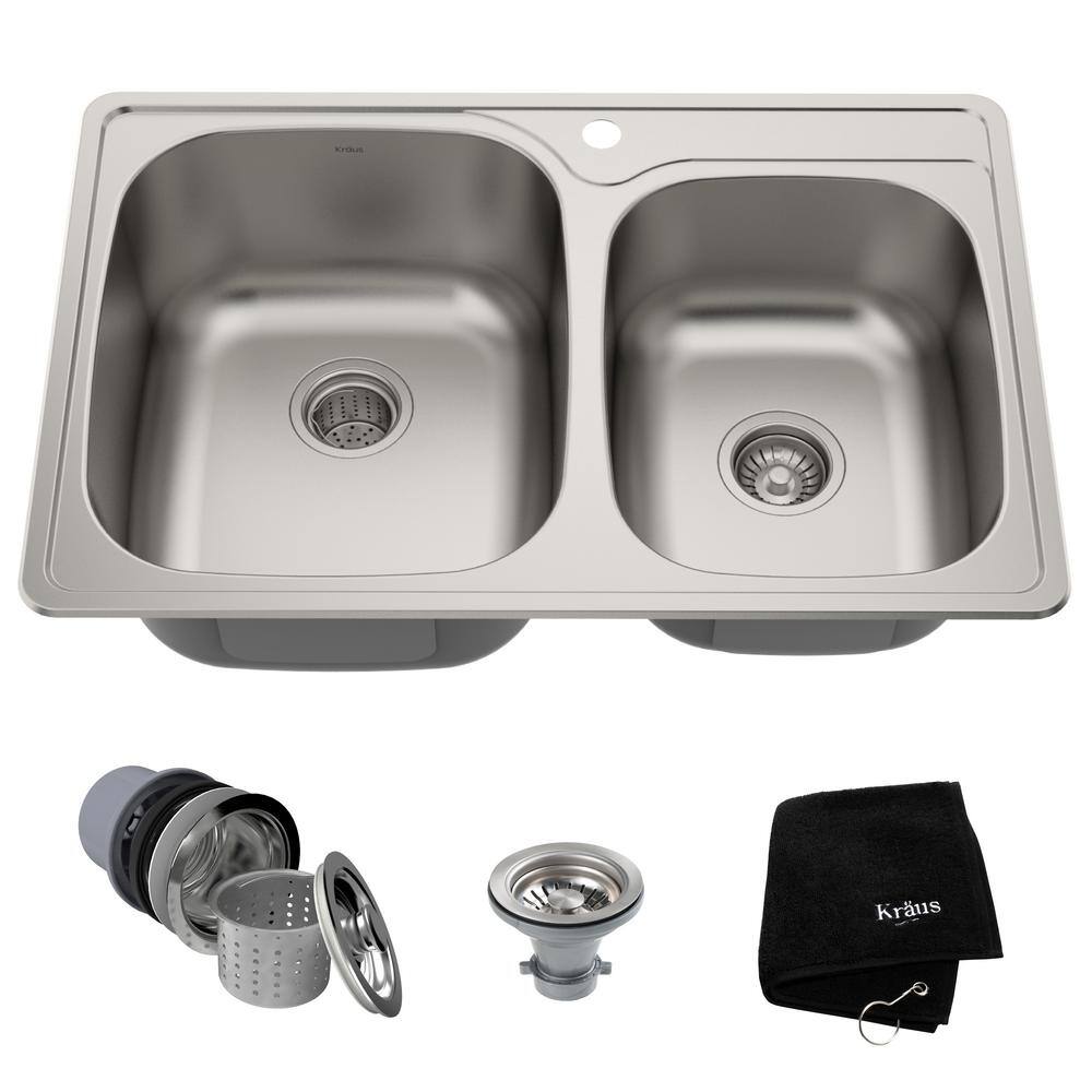 KRAUS Drop-In Stainless Steel 33 in. 1-Hole 6040 Double Bowl Kitchen Sink Kit KTM32