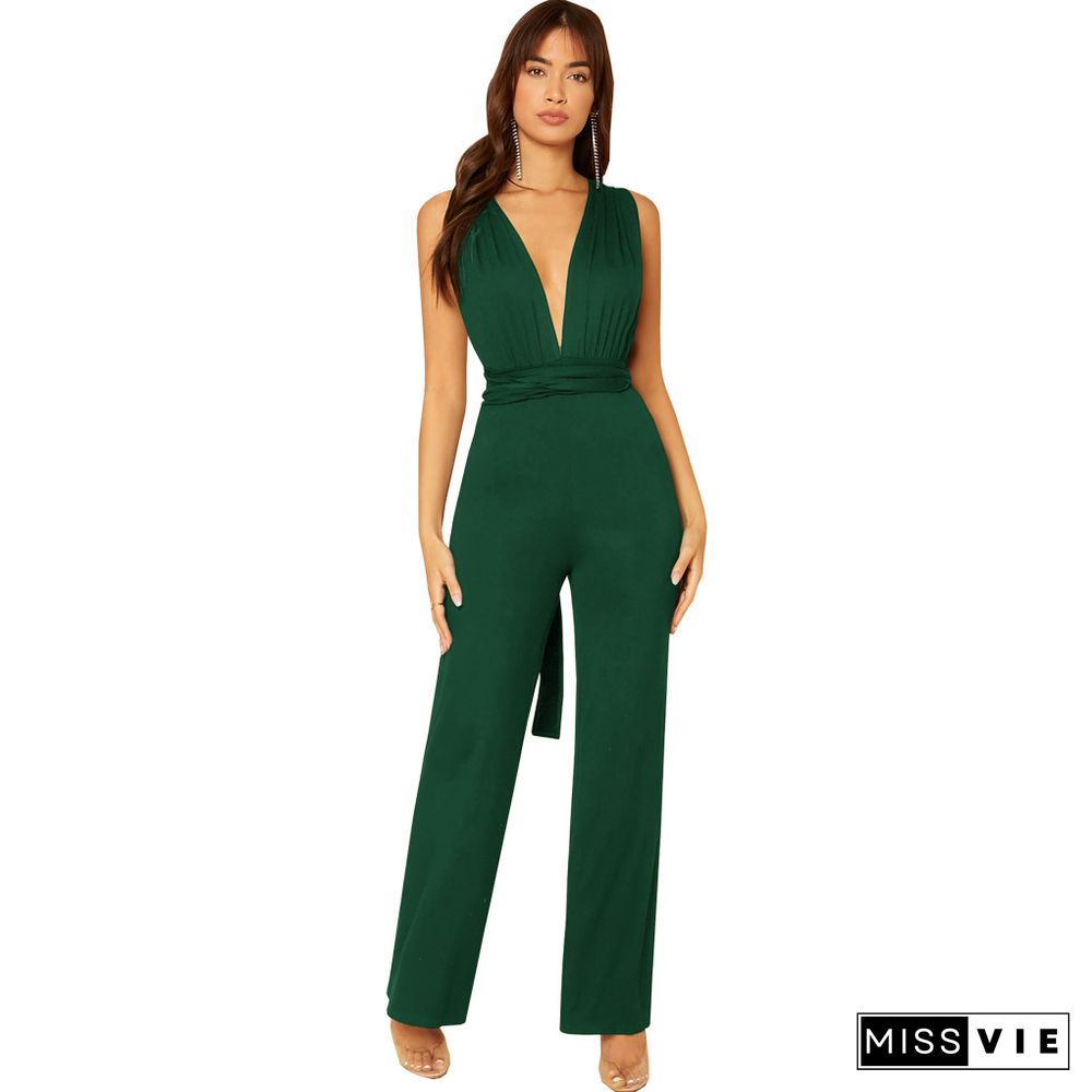 Solid Color Sleeveless Crisscross Back Straight Jumpsuit