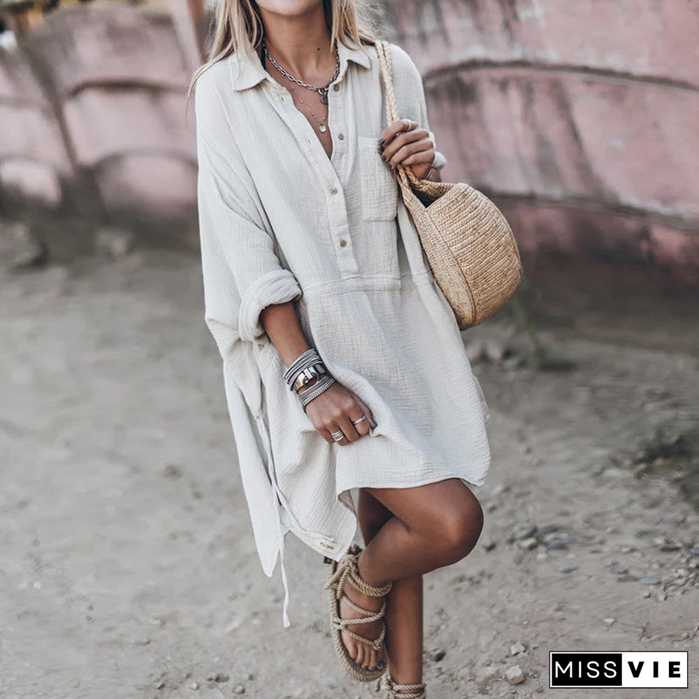 Casual Loose V-Neck Mid-Length Dress