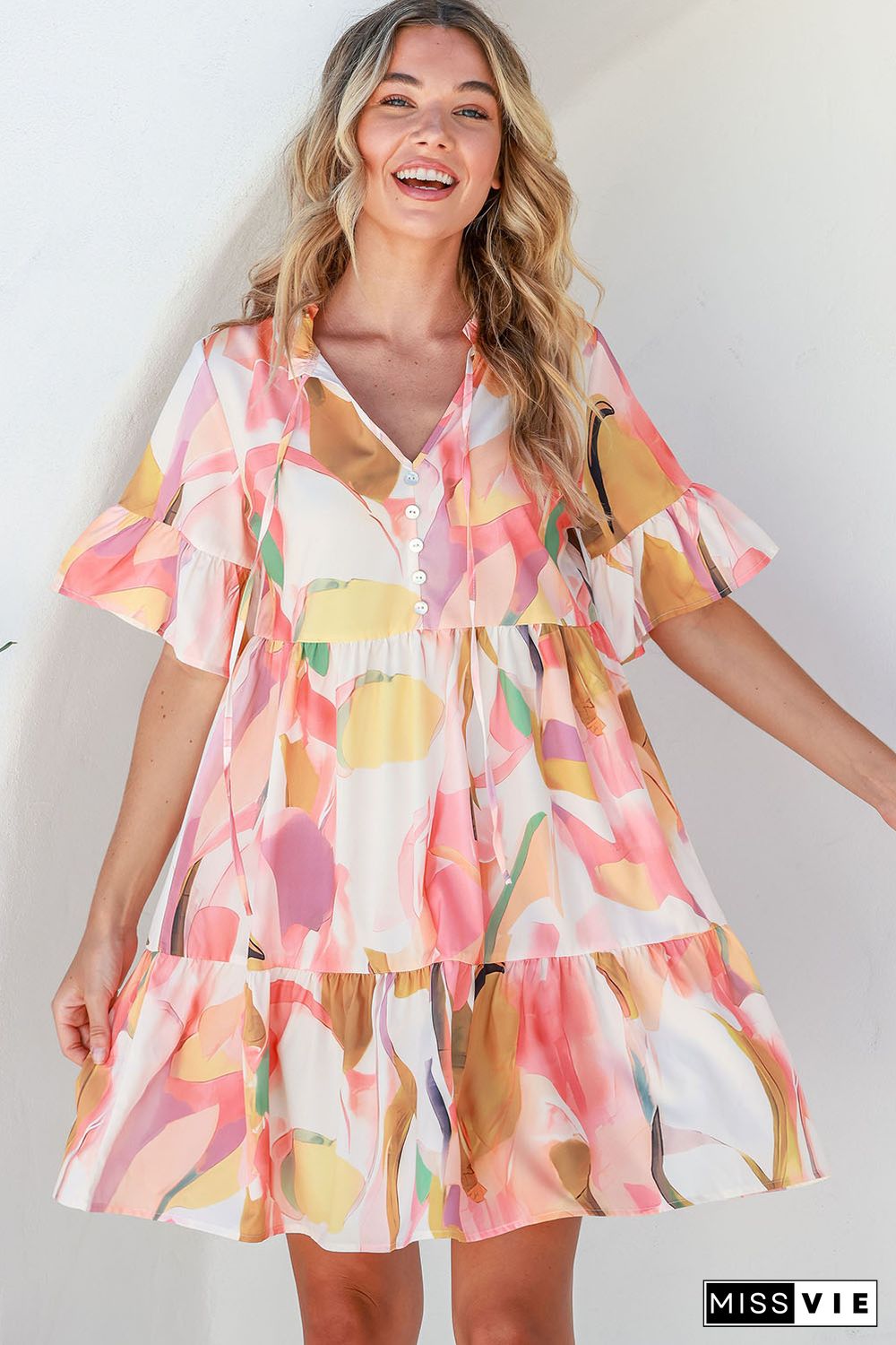 Pink Geometric Print Ruffled Short Sleeve Tied V-Neck Mini Dress