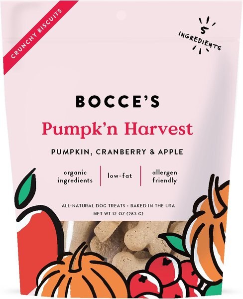 Bocce's Bakery Pumpk'n Harvest Biscuits Crunchy Dog Treats， 12-oz bag