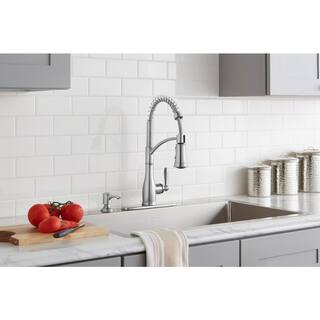 Glacier Bay Mandouri Single Handle Spring Neck Pull Down Sprayer Kitchen Faucet with Soap Dispenser in Stainless Steel HD67458-1308D2