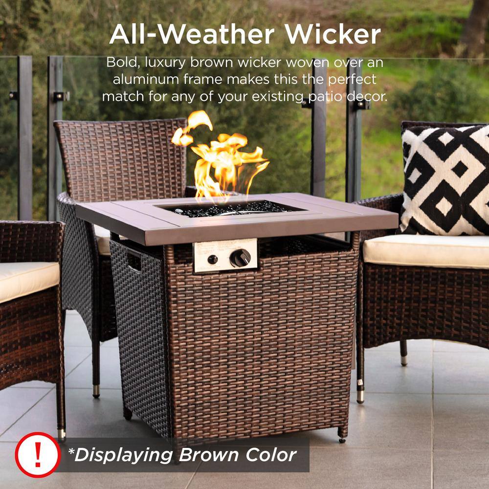 Best Choice Products 28 in. Ash Gray Square Wicker Outdoor Propane Gas Fire Pit Table w Faux Wood Tabletop SKY5672