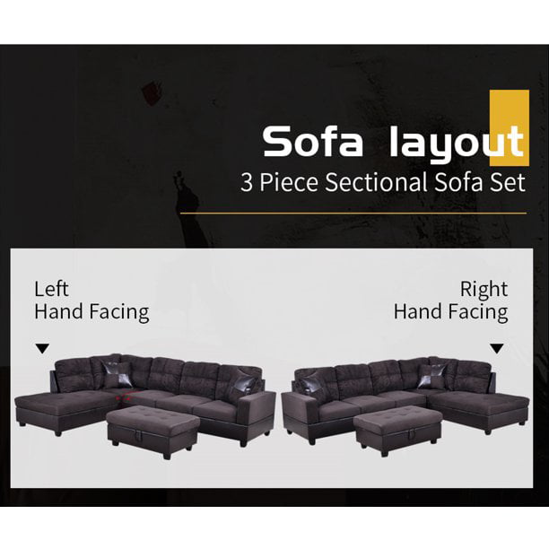 AYCP Furniture Sectional Sofa 3 Pieces L-Shape Sectional Sofa Set, Left Hand Facing Chaise, Microfiber & Faux Leather Upholstery Material, Espresso Color, More Colors & Styles Available