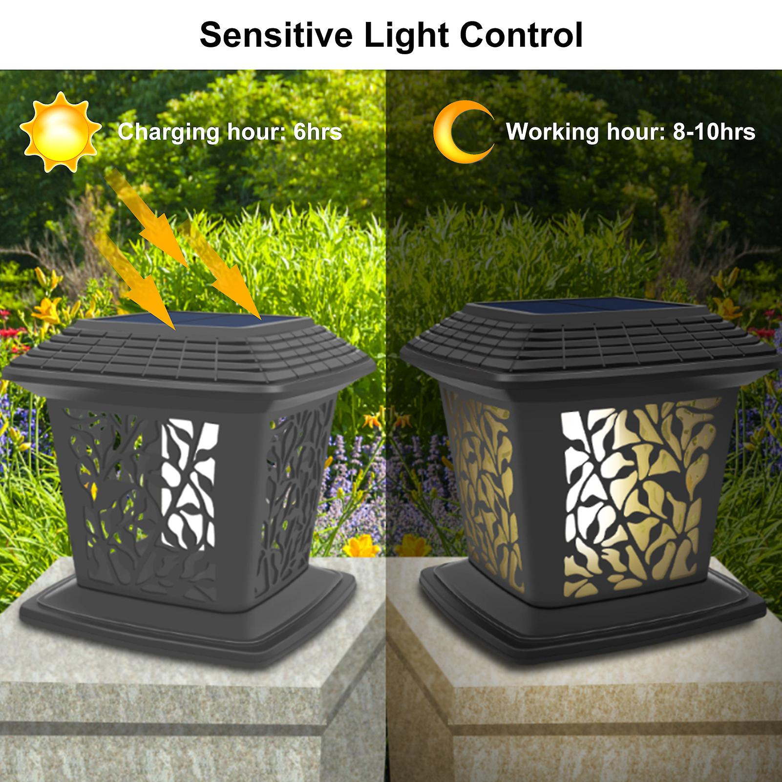 2w Solar Post Cap Fence Light Outdoor Lamp Dynamic Flames Light Effect Lighting Sensitive Light Control/ Ip65 Water Resistance Built-in 1500mah High C