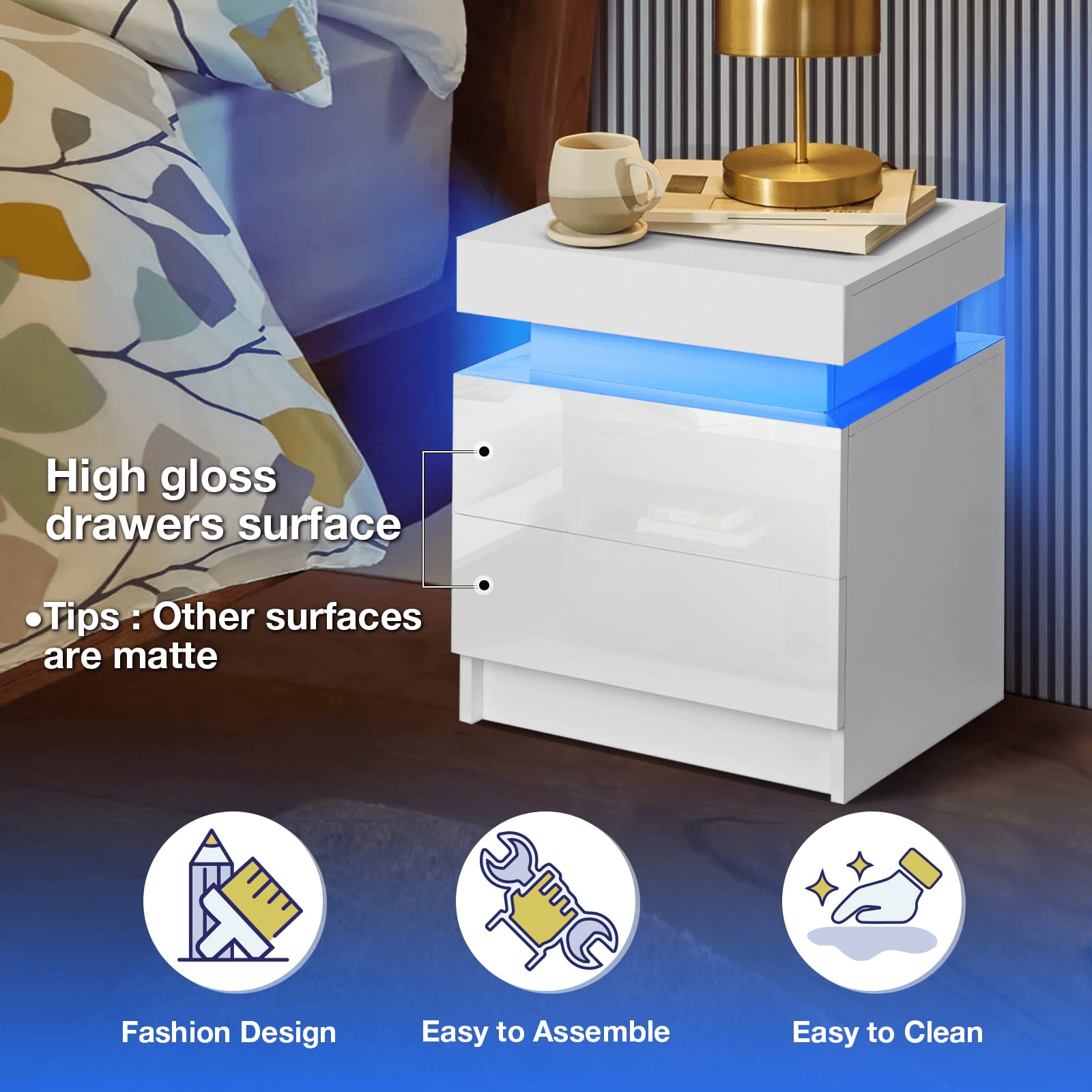 LED Nightstands for Bedroom Set of 2, Bedside Table Cabinet Nightstand With Drawer Home Bedroom - White High Gloss Finish