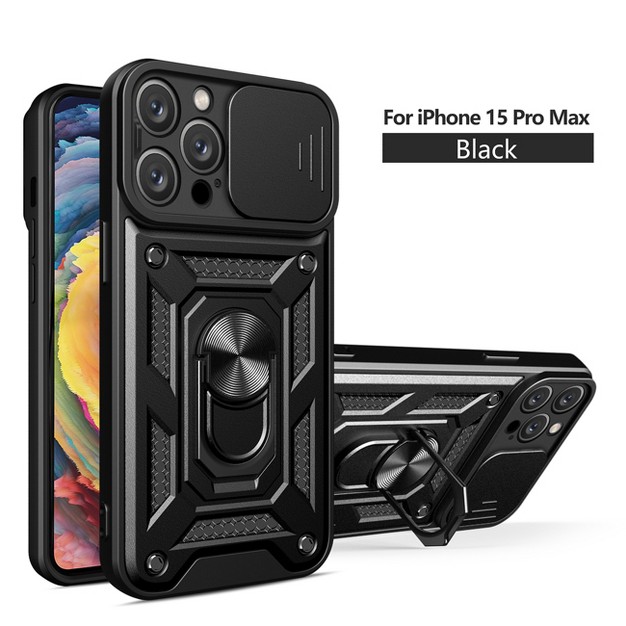 Reiko Kickstand Ring Holder With Slide Camera Cover Tpu Magnetic Car Mount For Apple Iphone 15 Pro Max In Black